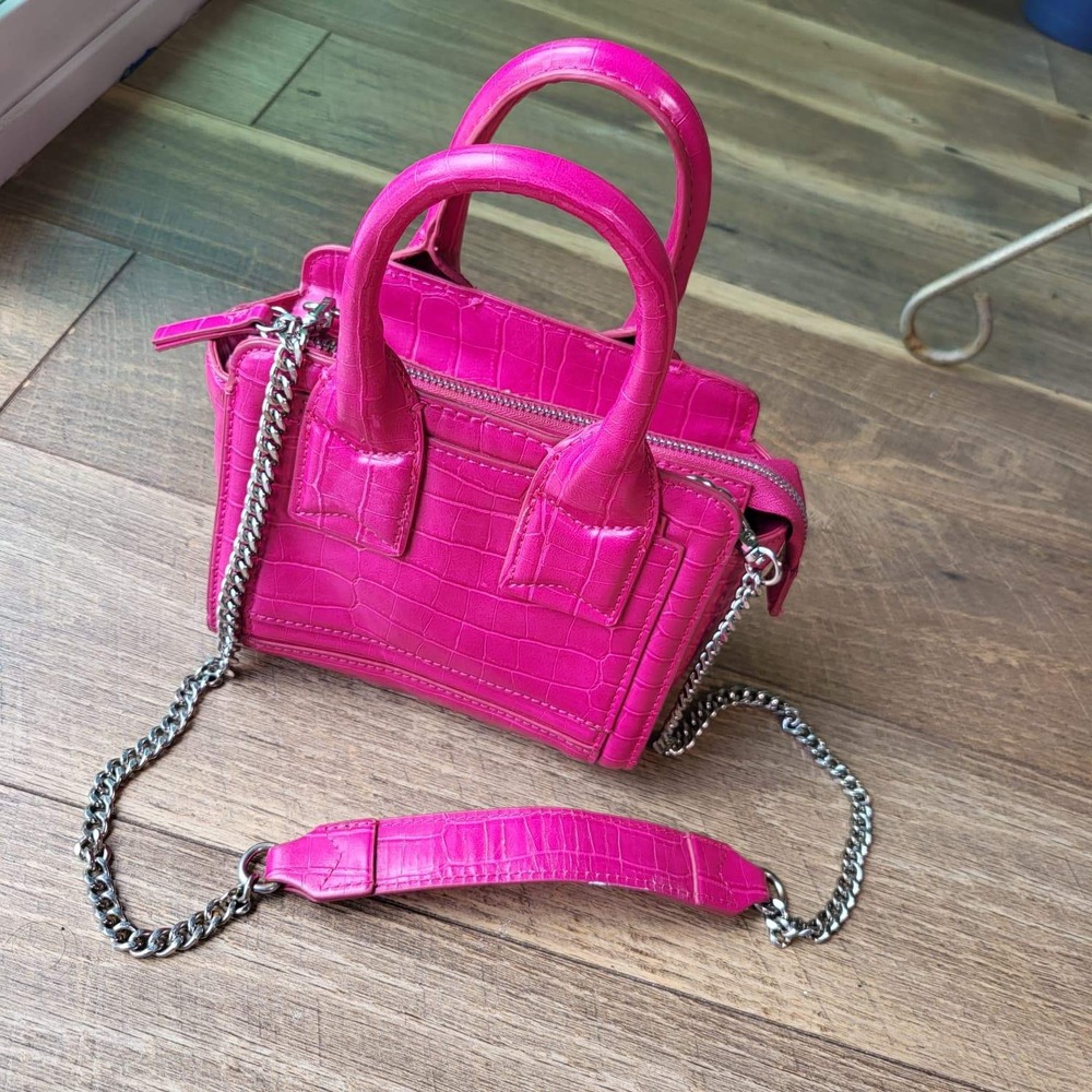 Pink Croc Embossed Mini Crossbody Bag Silver Chain Strap Satchel Handbag